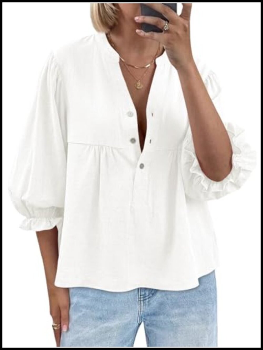 Women's Puff Sleeve Babydoll Top V Neck Button Down 3/4 Sleeve Cotton Blouse